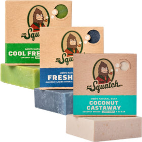 Dr. Squatch Natural Men’s Bar Soap 3-Pack Coconut Castaway, Fresh Falls, Cool Fresh Aloe front view
