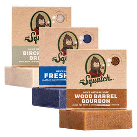Dr. Squatch Natural Men’s Bar Soap 3-Pack front view with Birchwood Breeze, Fresh Falls, and Wood Barrel Bourbon