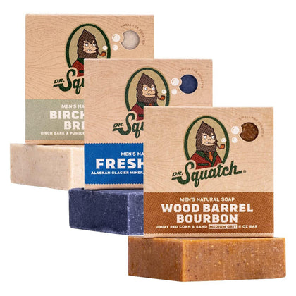 Dr. Squatch Natural Men’s Bar Soap 3-Pack front view with Birchwood Breeze, Fresh Falls, and Wood Barrel Bourbon