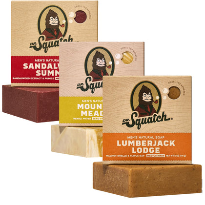 Dr. Squatch Natural Men’s Bar Soap 3-Pack front view with Sandalwood, Mountain Meadow, and Lumberjack Lodge