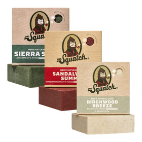 Dr. Squatch Natural Men’s Bar Soap 3-Pack front view with Sierra Storm, Sandalwood Summit, Birchwood Breeze