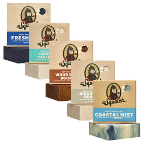 Dr. Squatch Natural Men's Bar Soap 5-Pack Coconut Castaway, Wood Barrel Bourbon, Fresh Falls, Birchwood Breeze, Coastal Mist