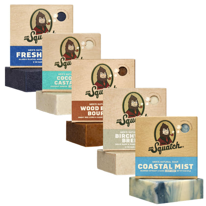 Dr. Squatch Natural Men's Bar Soap 5-Pack Coconut Castaway, Wood Barrel Bourbon, Fresh Falls, Birchwood Breeze, Coastal Mist