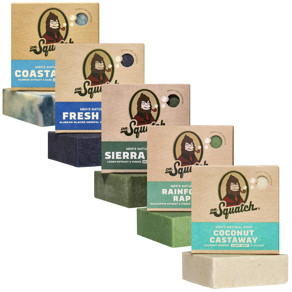 Dr. Squatch Natural Men's Bar Soap 5 Pack with Coastal Mist, Fresh Falls, Sierra Storm, Rainforest Rapids, Coconut Castaway