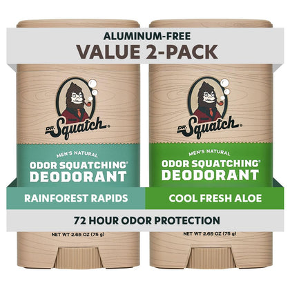 Dr. Squatch Natural Men’s Deodorant 2-Pack front view, Rainforest Rapids and Cool Fresh Aloe