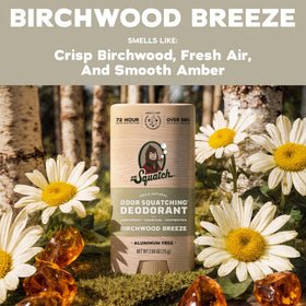 Dr. Squatch Natural Men’s Deodorant Birchwood Breeze on bathroom shelf