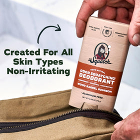Dr. Squatch Natural Men’s Deodorant Wood Barrel Bourbon in bathroom setting