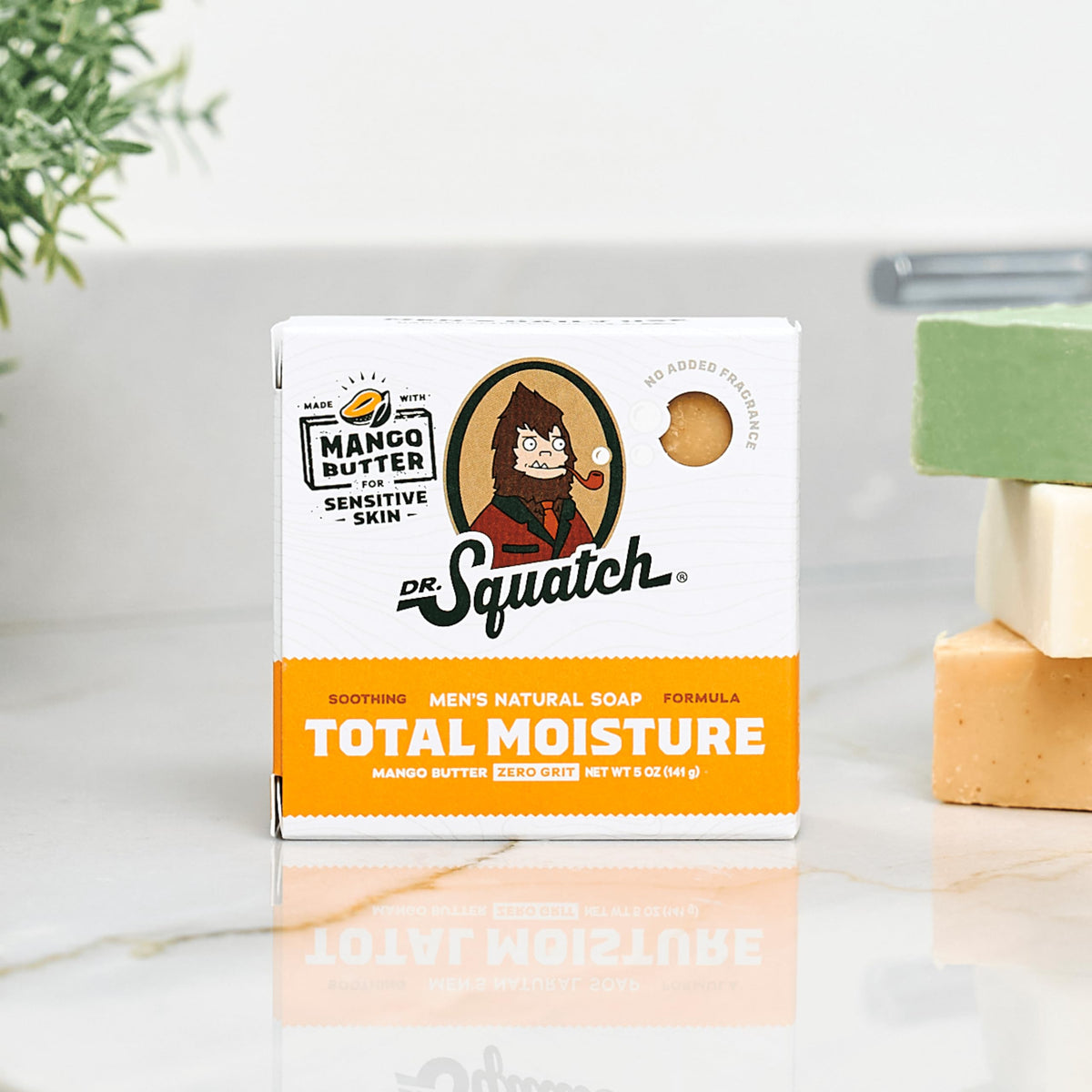 Dr. Squatch Total Moisture Men’s Bar Soap in a bathroom setting