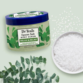 Dr Teal's Epsom Salt Body Scrub in a bathroom setting