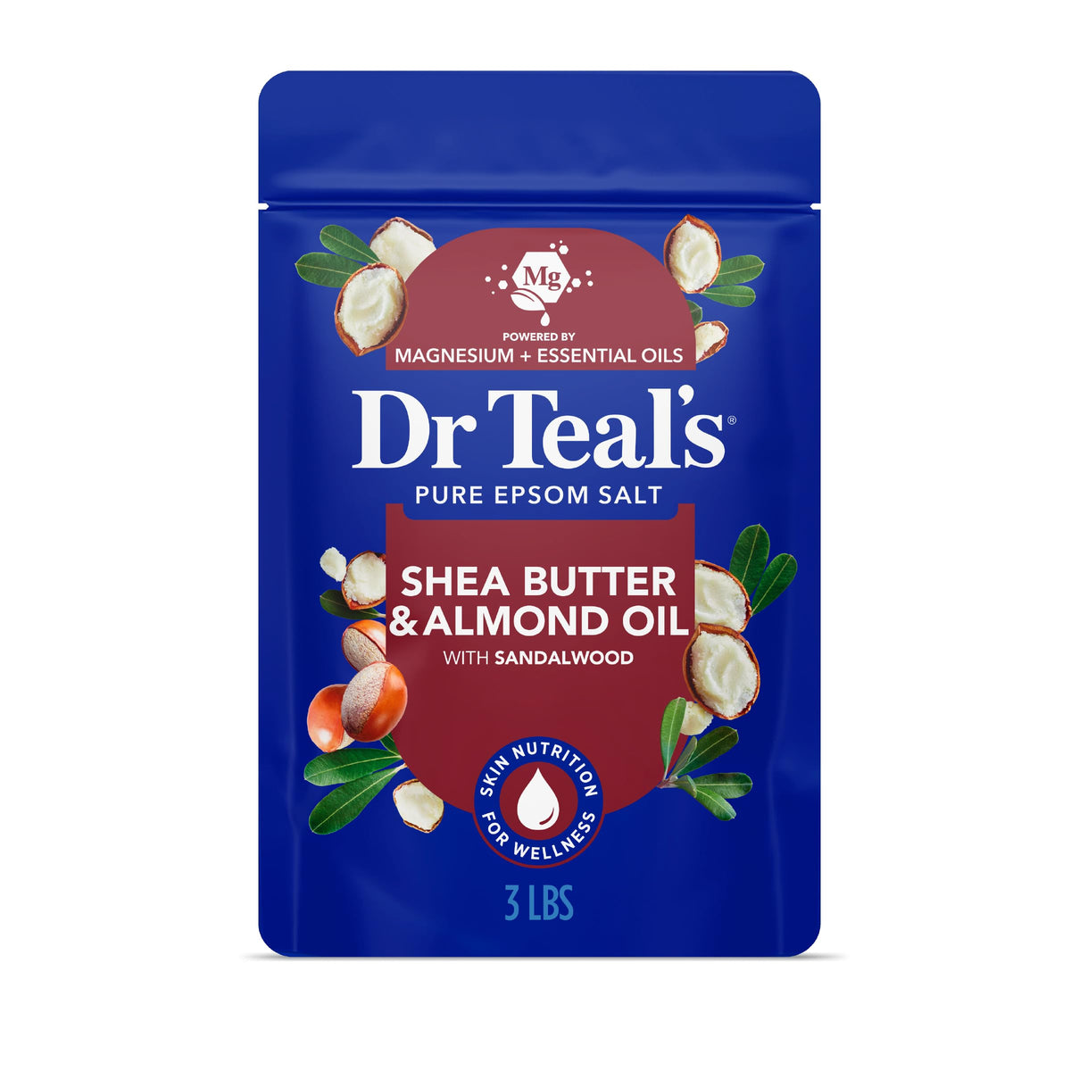 Dr Teal's Epsom Salt Magnesium Soak front view with shea butter and almond oil