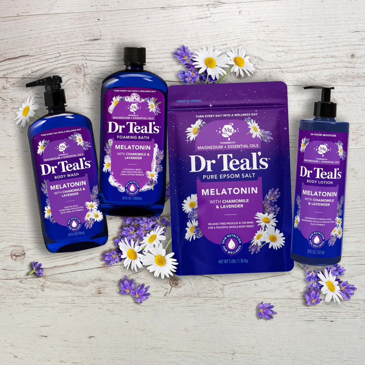 Dr Teal's Epsom Salt Magnesium Soak on a bathroom shelf with candles