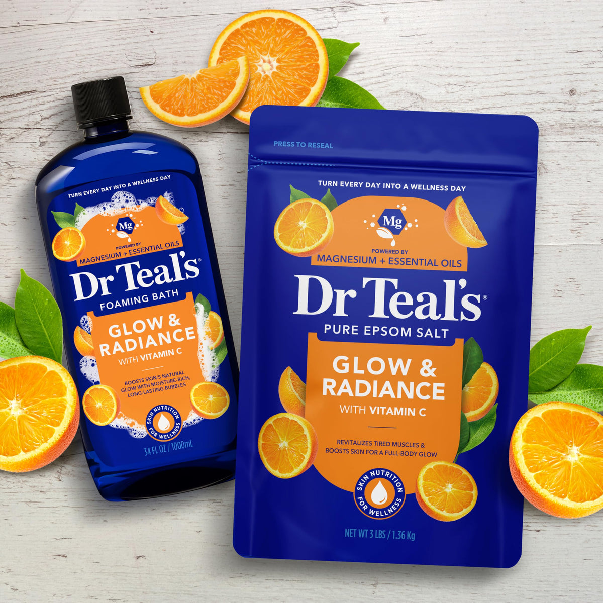 Dr Teal's Epsom Salt Soak 3 lbs bag on a bathroom shelf
