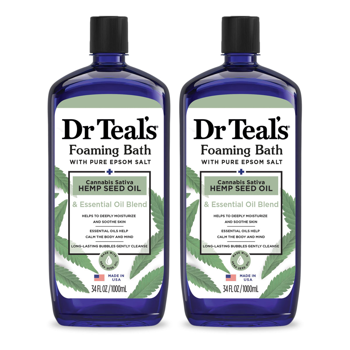 Dr Teal's Foaming Bath 34 fl oz front view with Epsom salt and hemp oil