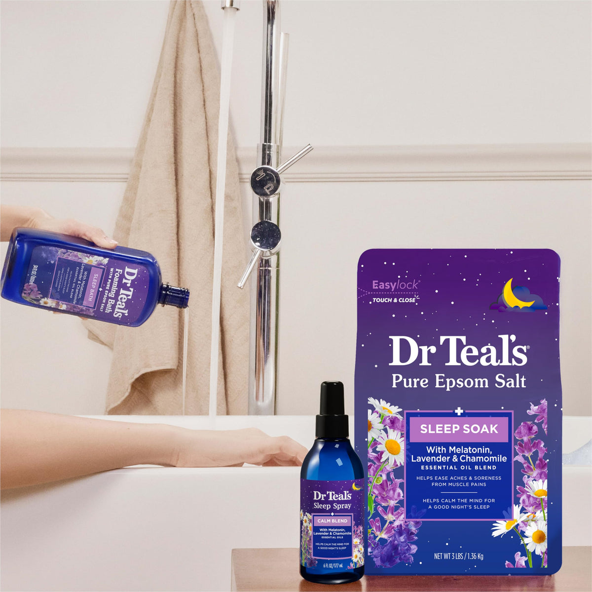 Dr Teal's Foaming Bath Sleep Blend bubbles in water
