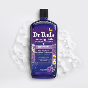 Dr Teal's Foaming Bath Sleep Soak displayed with bath accessories
