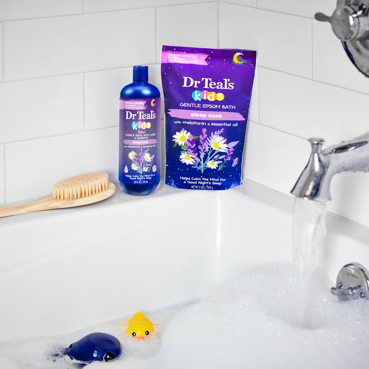 Dr Teal's Kids 3-in-1 Sleep Bubble Bath bottle on a bathroom shelf