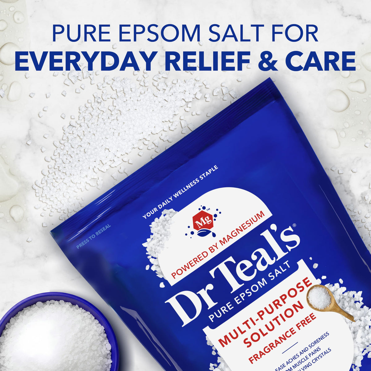 Dr Teal's Pure Epsom Salt on a bathroom shelf