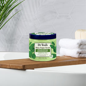 Dr Teal's Shea Sugar Scrub Eucalyptus & Spearmint on a towel