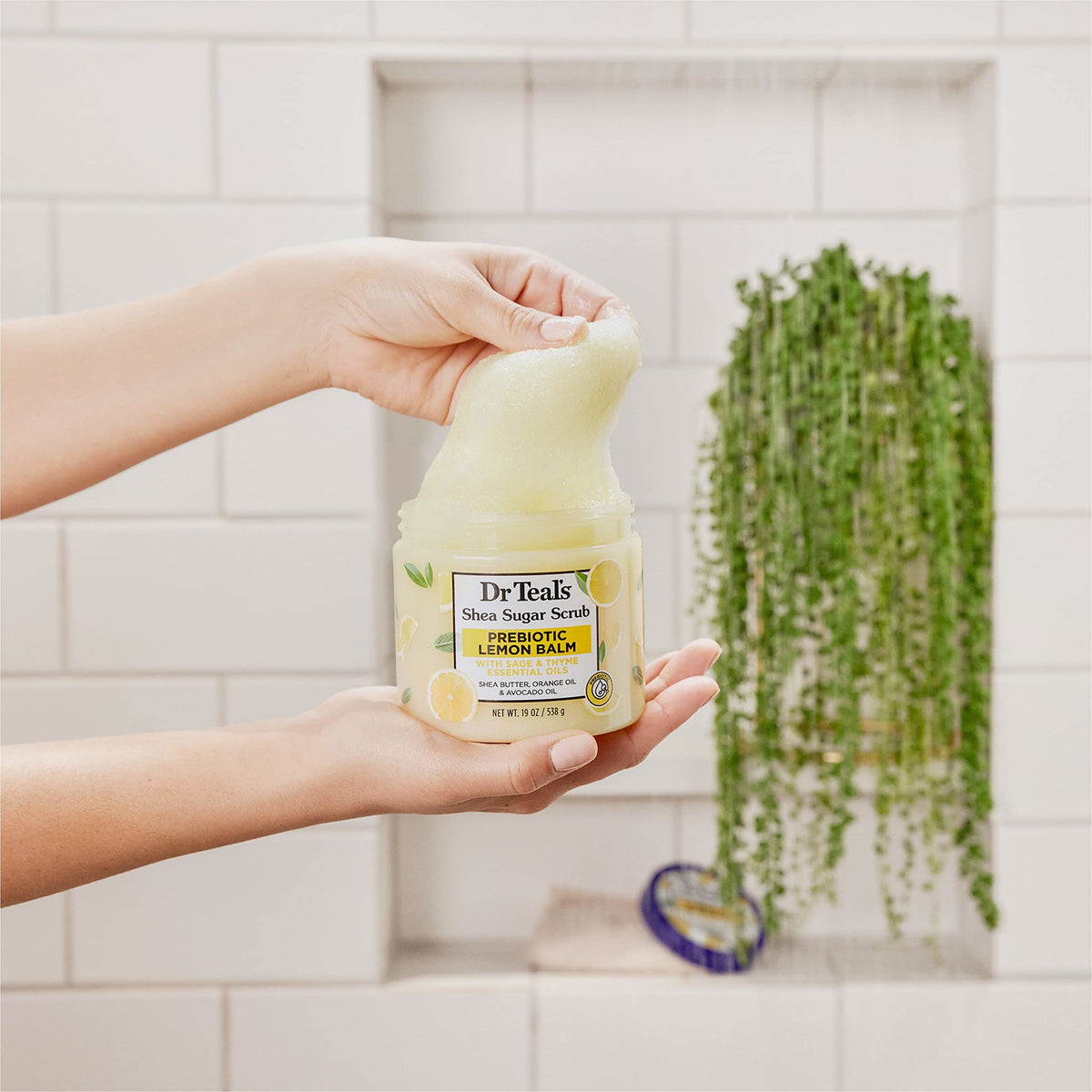 Dr Teal's Shea Sugar Scrub in a bathroom setting