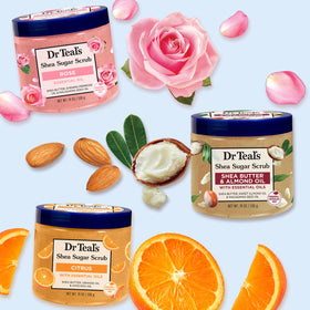 Dr Teal's Shea Sugar Scrub jars displayed on a wooden shelf