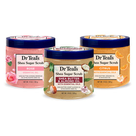 Dr Teal's Shea Sugar Scrub Trial Pack with jars of Rose, Shea Butter, and Citrus