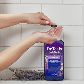Dr Teal's Sleep Body Wash with Epsom salt in a relaxing bath setting