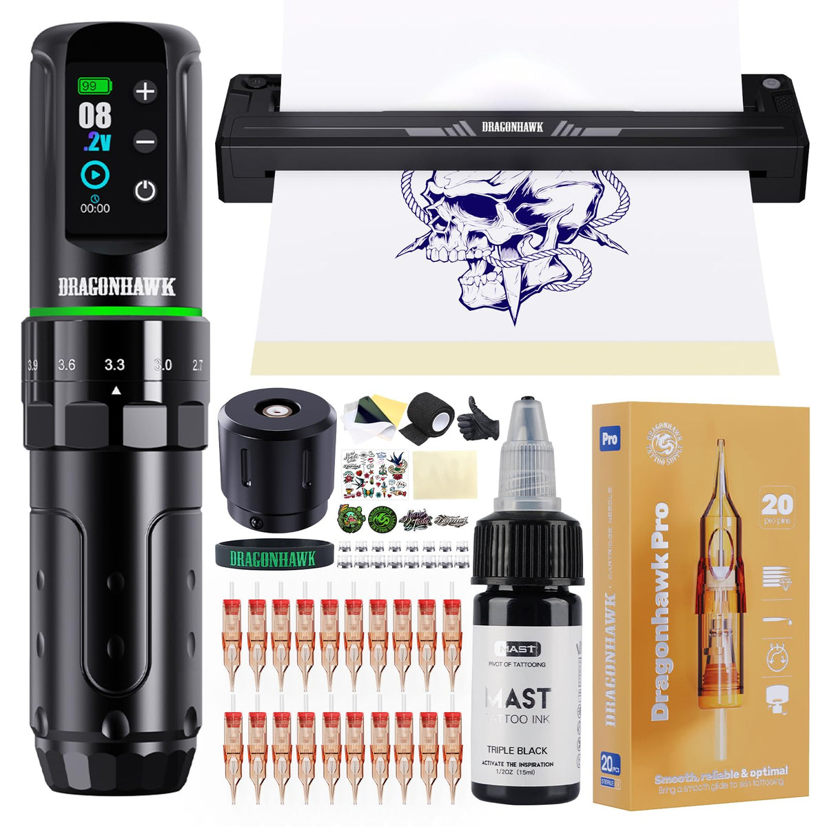 Dragonhawk L3 wireless tattoo machine with A4 thermal stencil printer