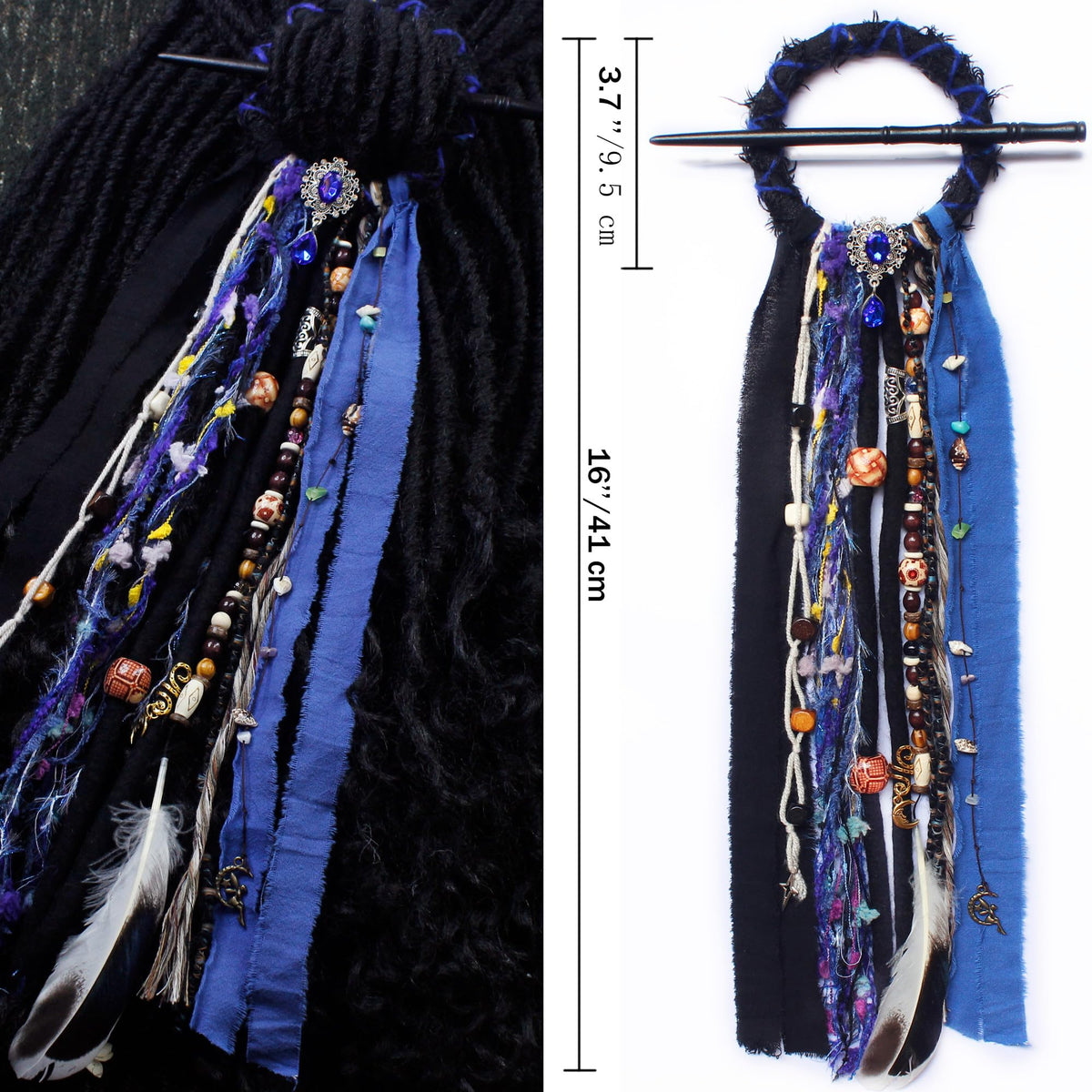 Dreadlock hair tie displayed with a wooden hairpin