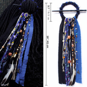 Dreadlock hair tie displayed with a wooden hairpin