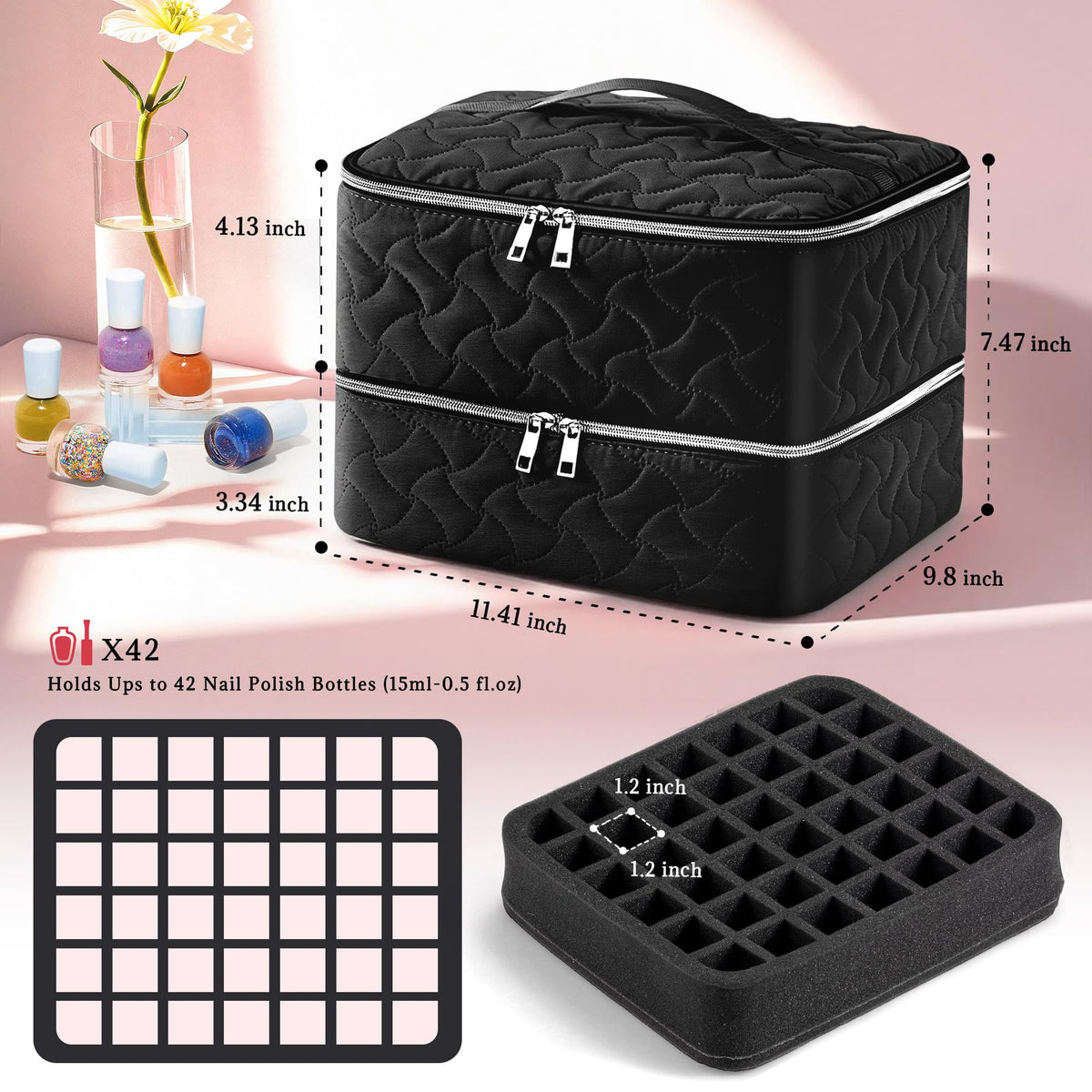 DreamGenius Nail Polish Organizer Bag dimensions displayed