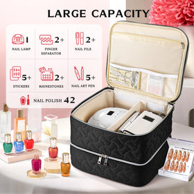 DreamGenius Nail Polish Organizer Bag opened showing storage compartments