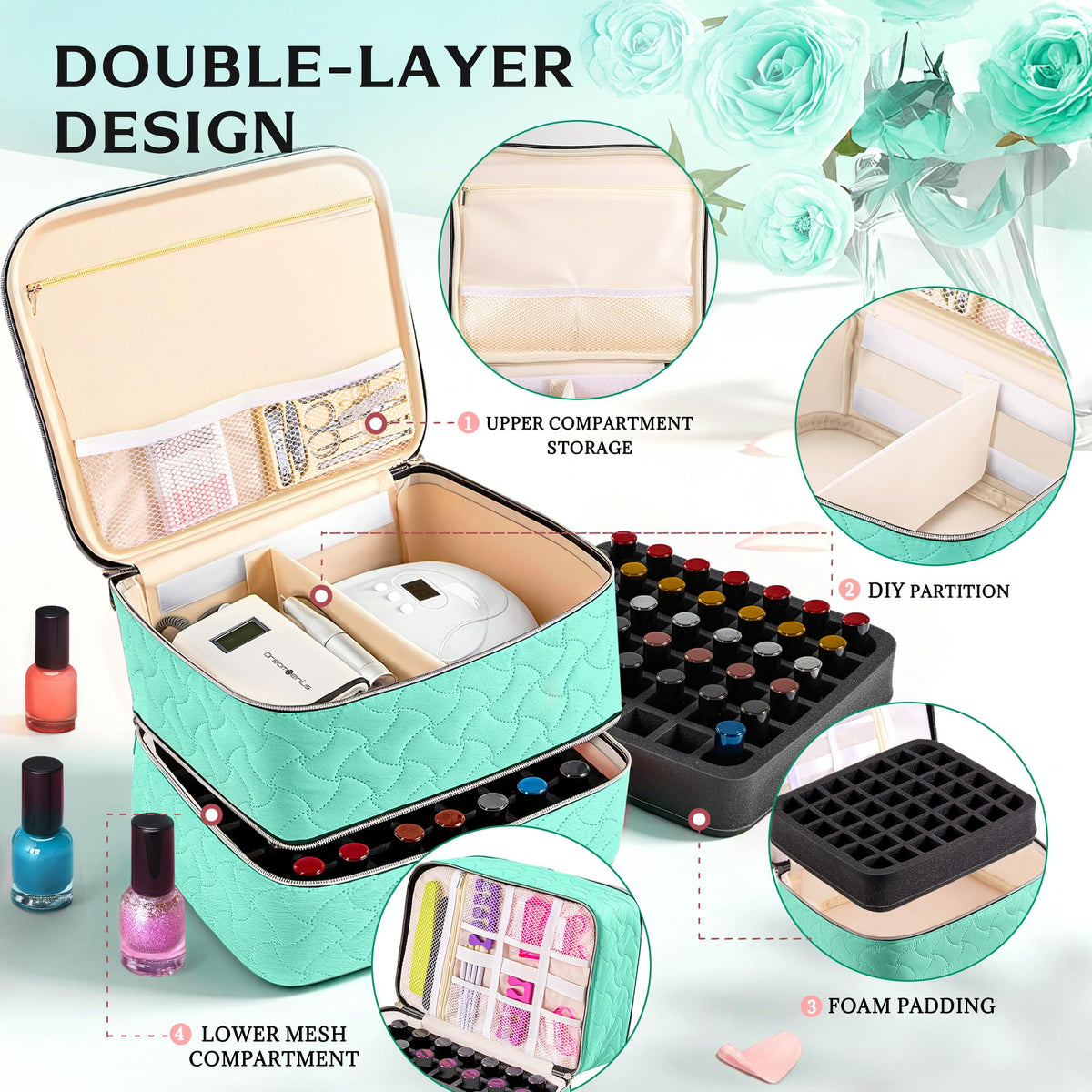 DreamGenius Nail Polish Organizer Bag showing upper layer with dividers