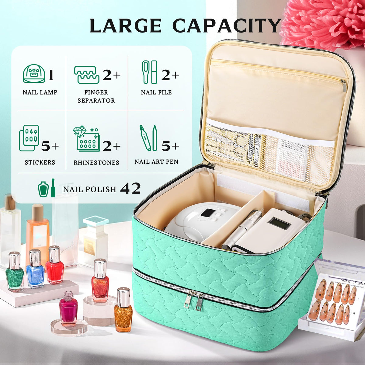 DreamGenius Nail Polish Organizer Bag side view showing compartments