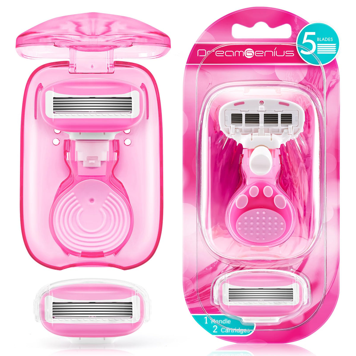 DreamGenius Travel Razors for Women, Pink handle and cartridges