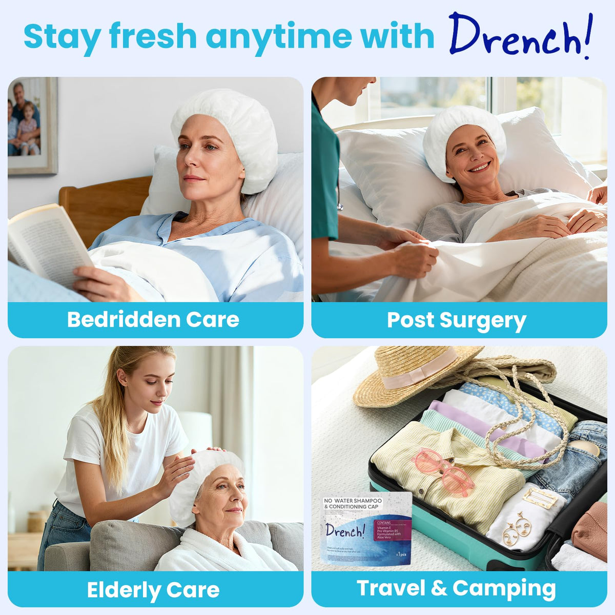 Drench! Medical No Water Hair Washing Cap stacked in a pack