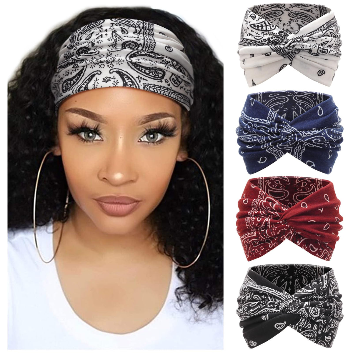 DRESHOW 4 Pack Turban Headbands front view in assorted colours