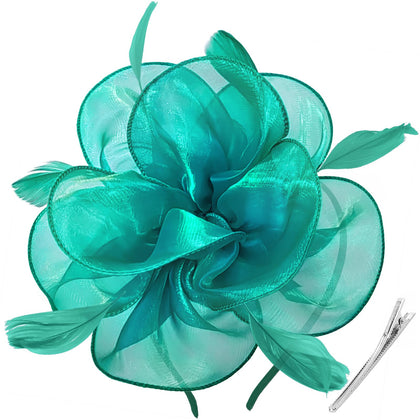 DRESHOW Fascinator Hat with organza ribbon and feathers, front view