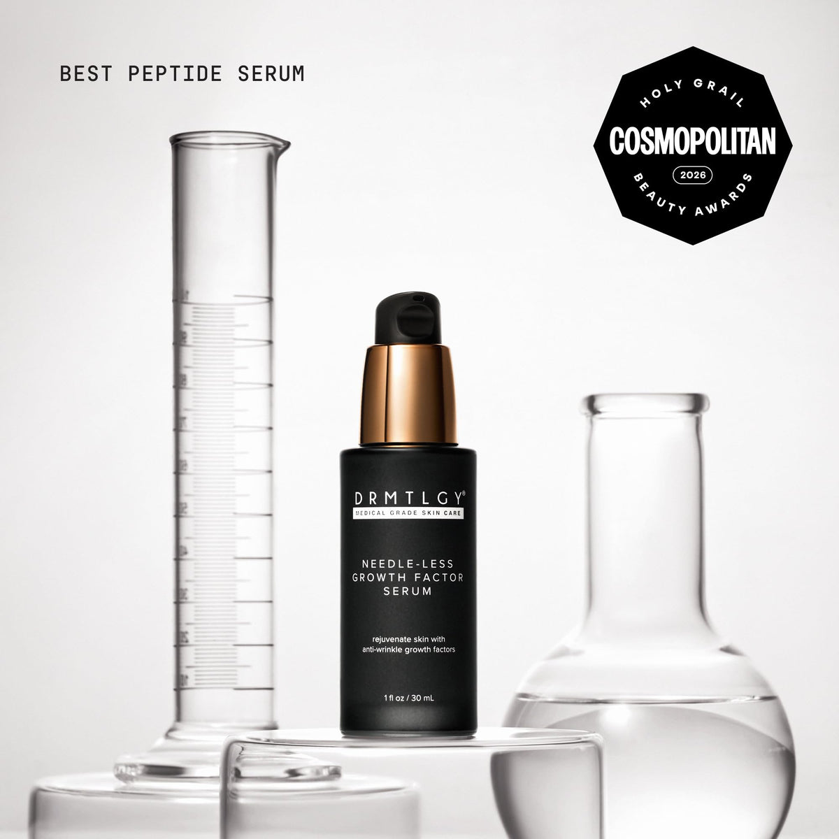 DRMTLGY Needle-less Growth Factor Serum on bathroom counter