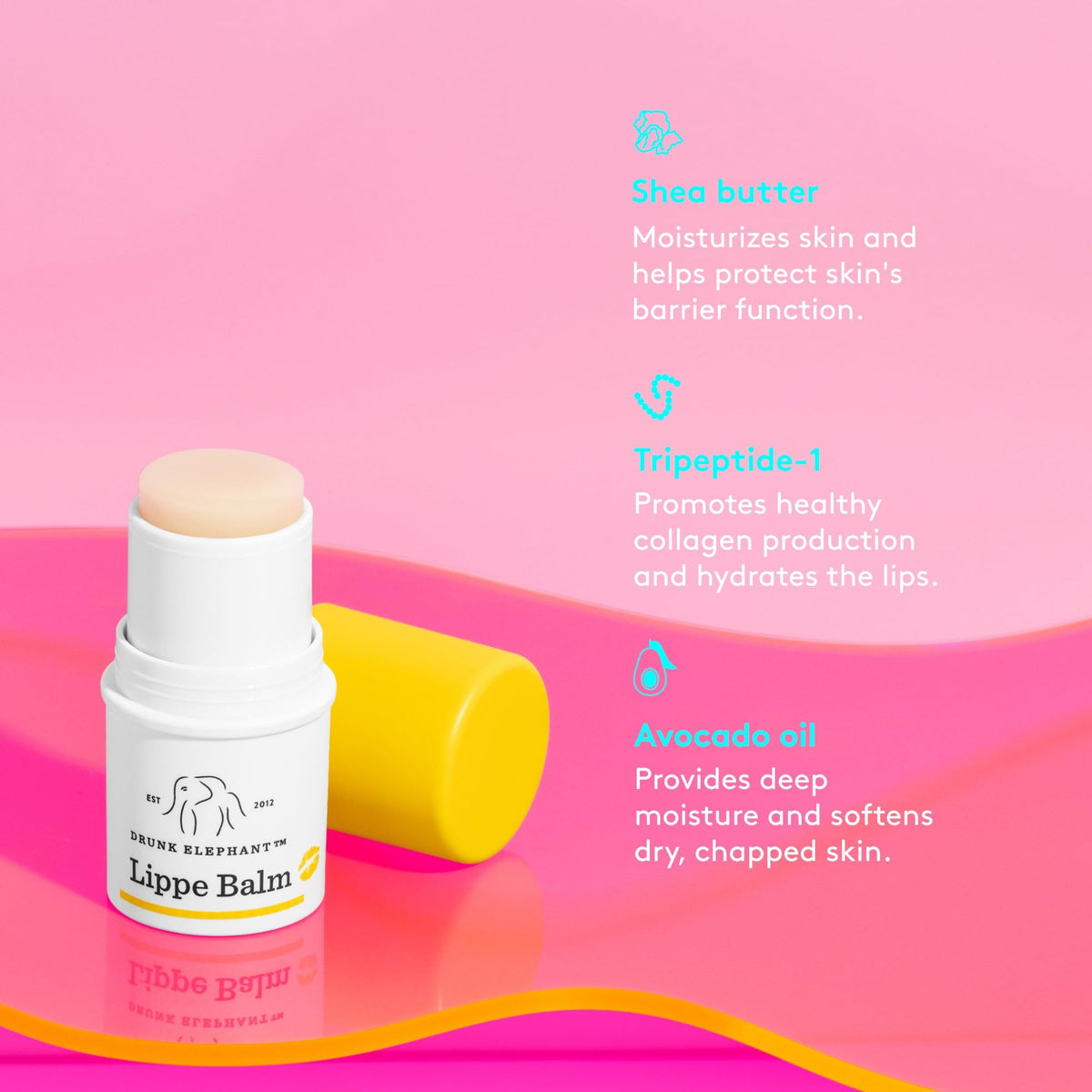 Drunk Elephant Lippe Balm 3.7g with ingredients background