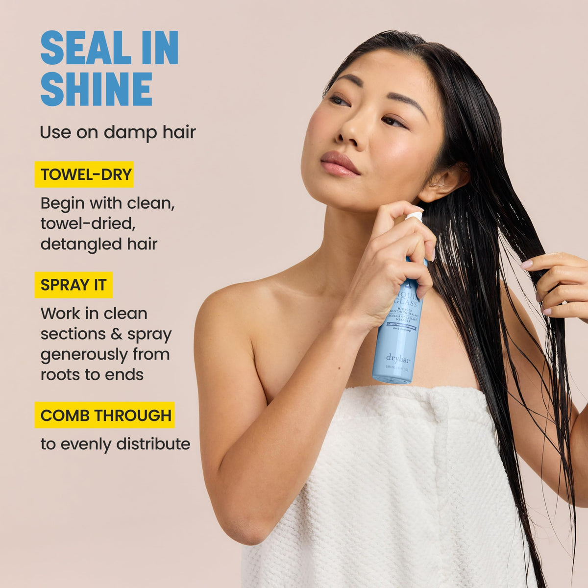 Drybar Liquid Glass Miracle Smoothing Sealant with hair styling tools