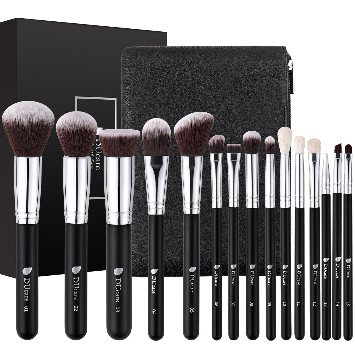 DUcare 15Pcs Makeup Brush Set with black handles and soft bristles