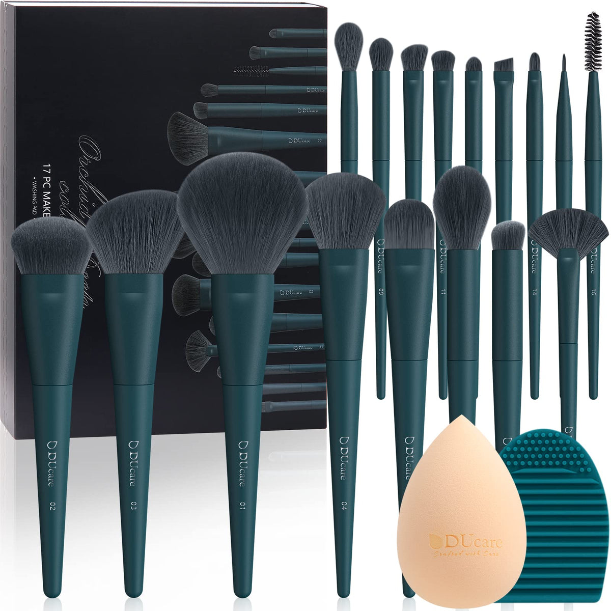 DUcare 19pcs Makeup Brush Set front view with brushes and sponge