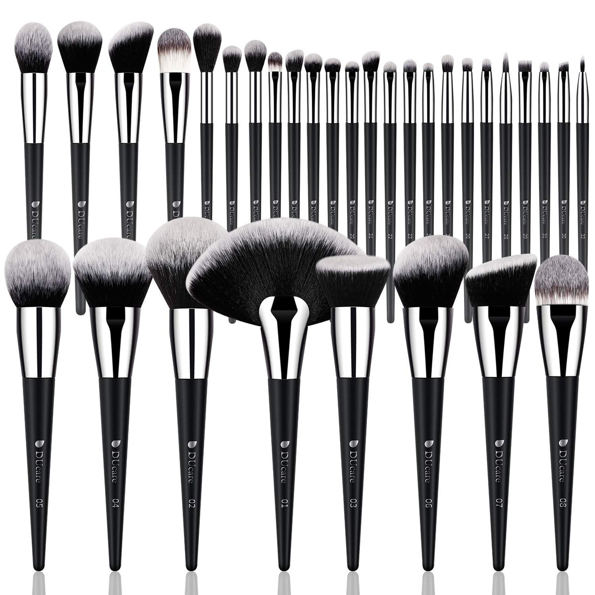 DUcare 32Pcs Makeup Brush Set with black handles and white bristle tips