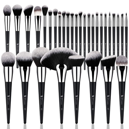 DUcare 32Pcs Makeup Brush Set with black handles and white bristle tips