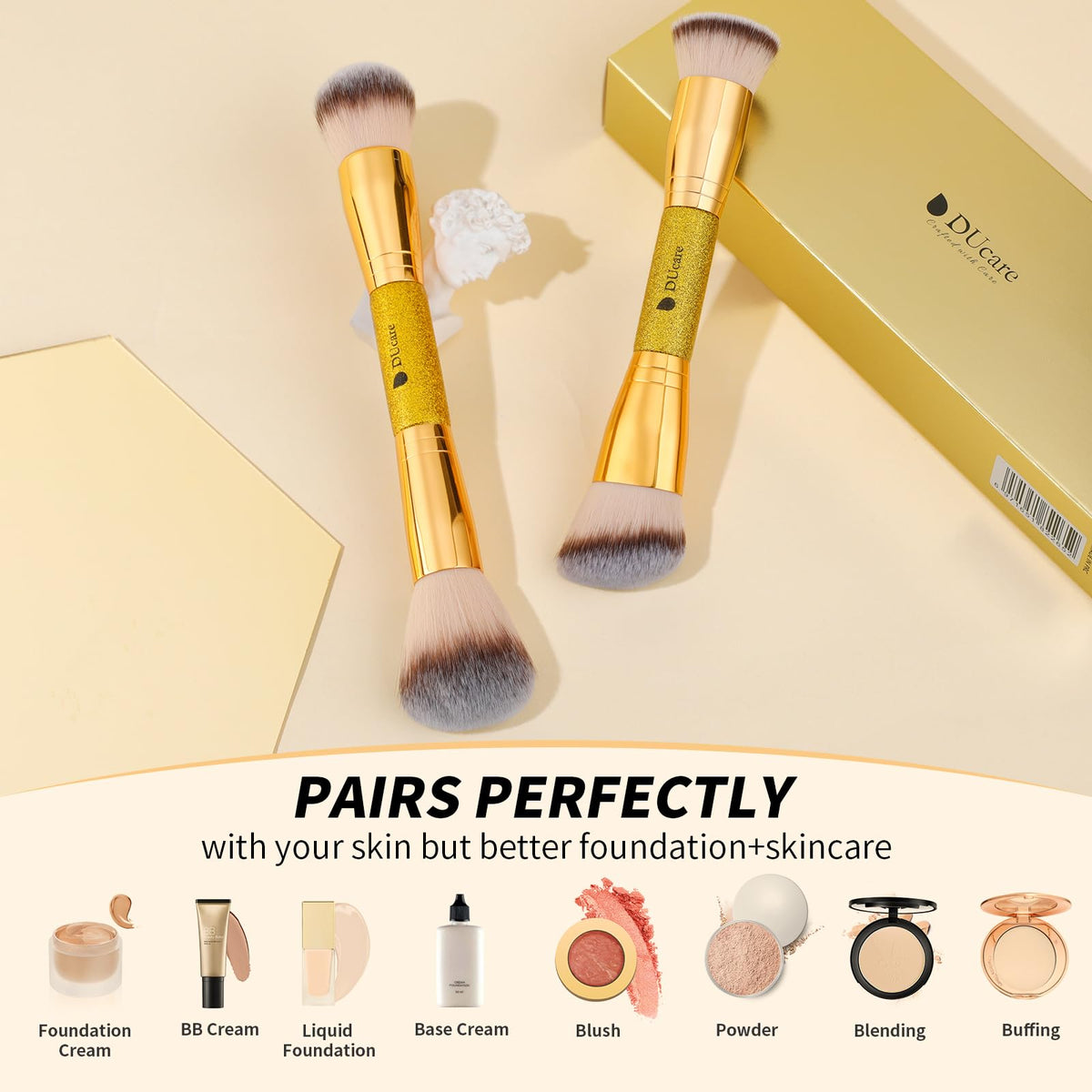 DUcare brushes on a vanity with makeup products
