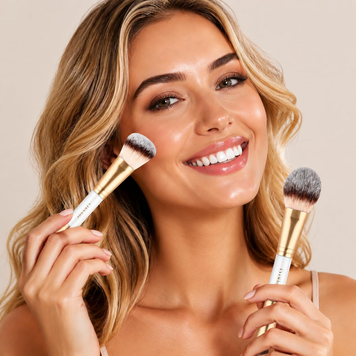 DUcare contour brush in use on model's face