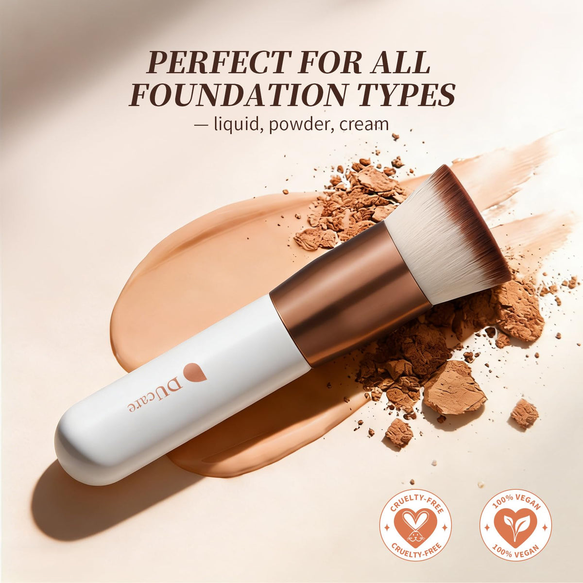 DUcare Flat Top Kabuki Brush demonstrating even application on textured skin