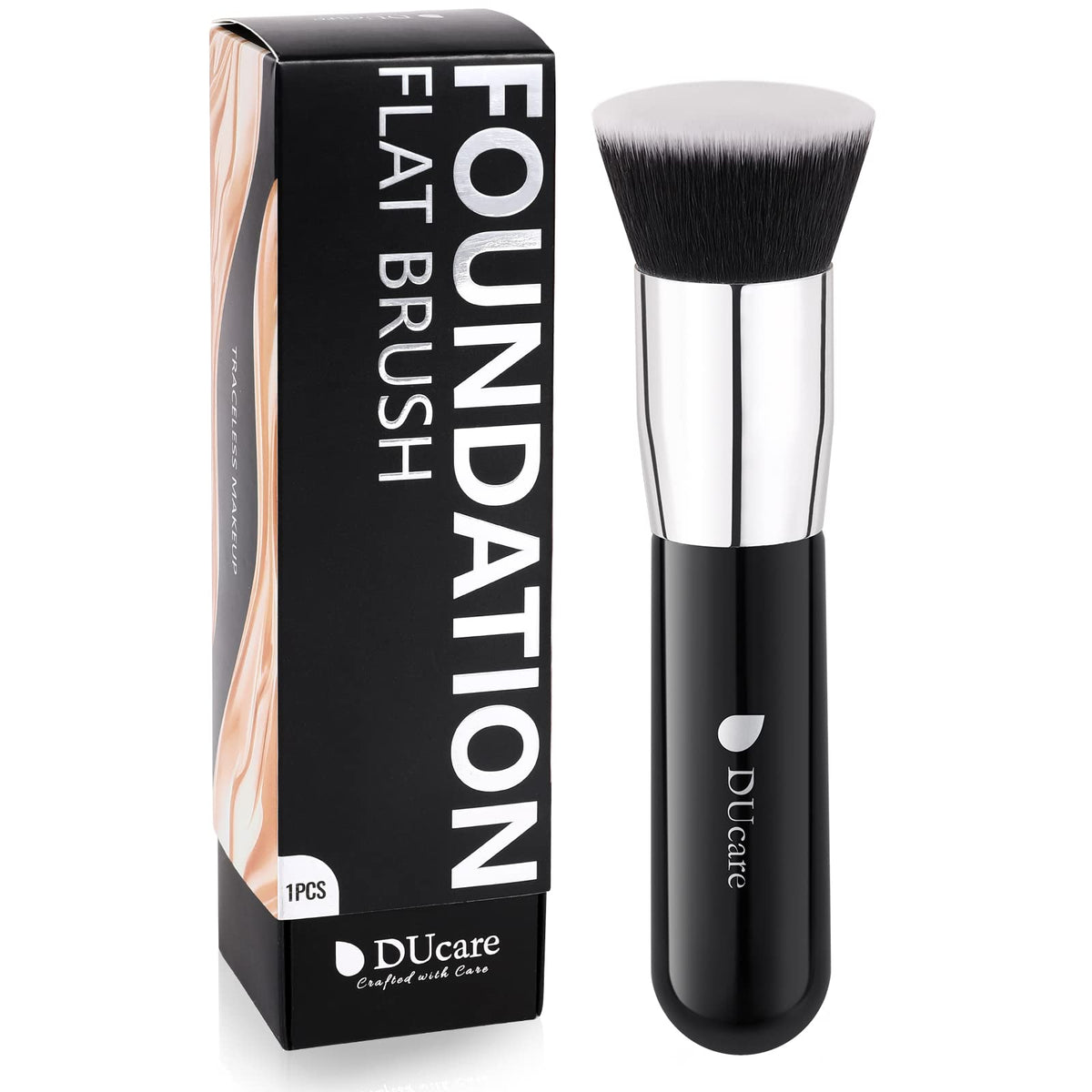 DUcare Kabuki Foundation Brush front view with black bristles