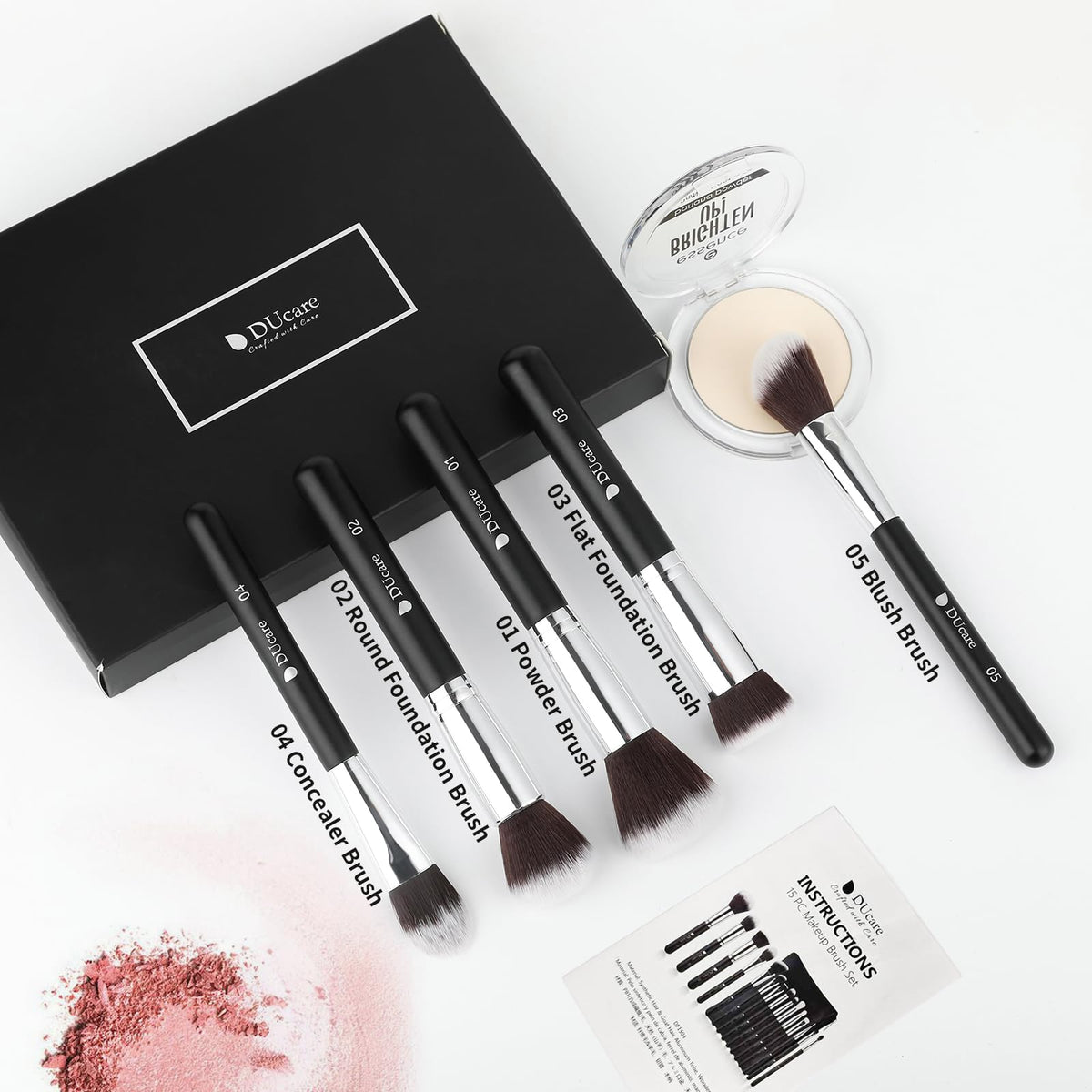 DUcare makeup brushes arranged neatly in a cosmetic bag