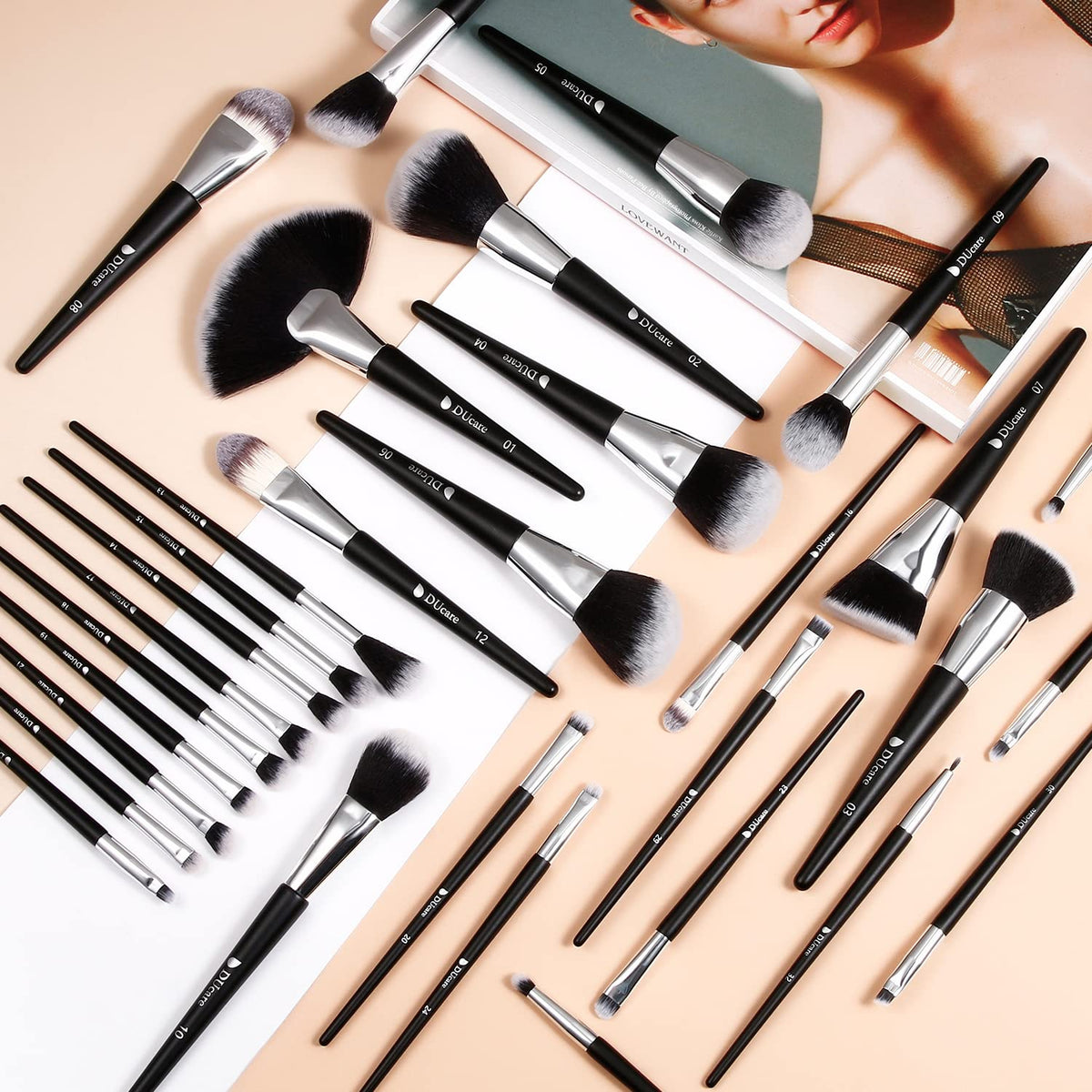 DUcare makeup brushes on a vanity showcasing their elegant design